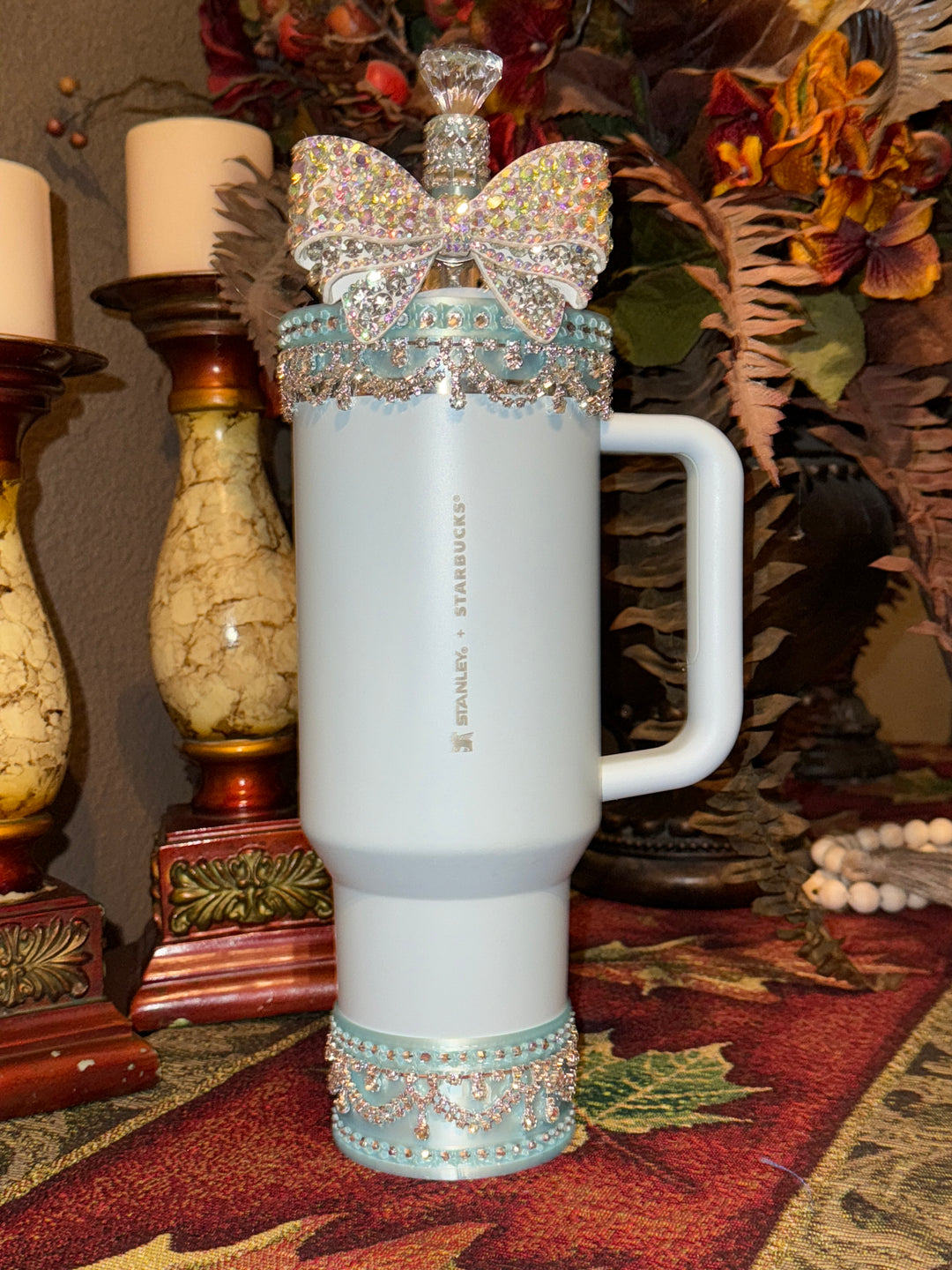 Mint Blue Rhinestone Royal Princess Accessory Collection for Stanley tumblers with options for a Princess Crown Topper, Royal Halo Lid Bling Band and more 💎