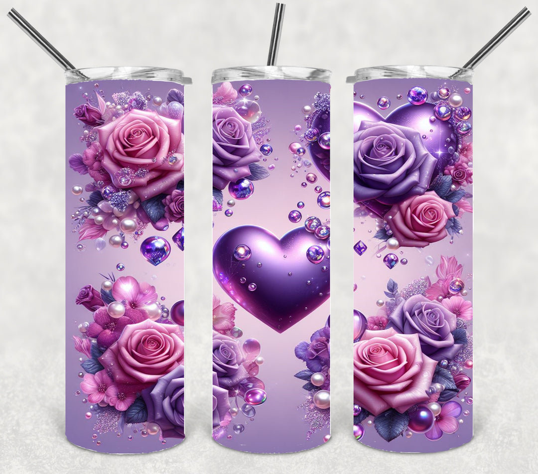 Valentine's Tumbler, 3D Purple Heart Rose Tumbler, Love Tumbler, 20 oz Tumbler