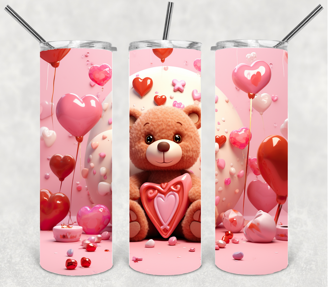 Valentine's Tumbler, Heart Teddy Bear Tumbler, Love Tumbler, 20 oz Tumbler