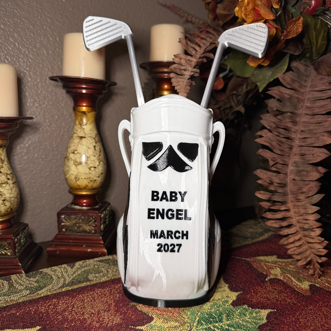 CUSTOM  3D printed golf club bag vase, personalized, with two printed silver clubs