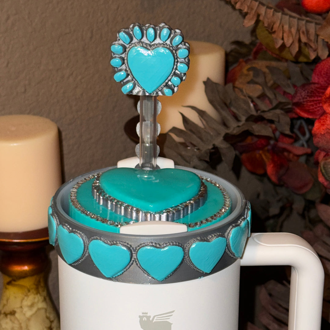Heart Concho Turquoise Tumbler Boot, straw topper, lid topper, handle charm Stanley, Drink Sleeve Protective Boot, Unique jewelry