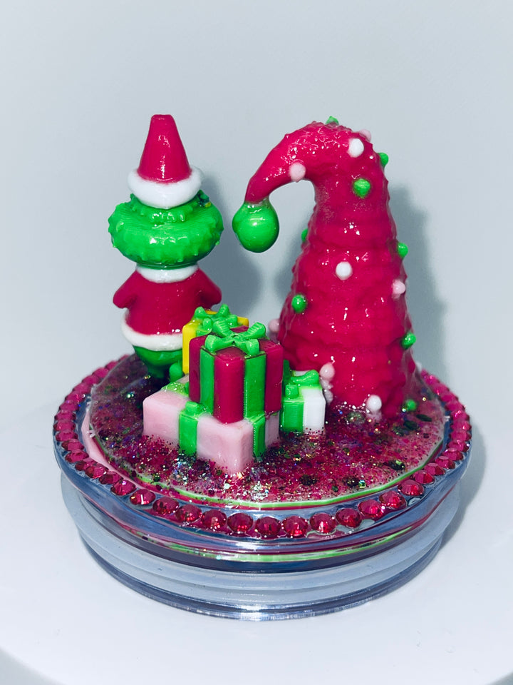 Pink Christmas grinch themed tumbler topper lid, pink christmas tree, 3D Decorative Lid