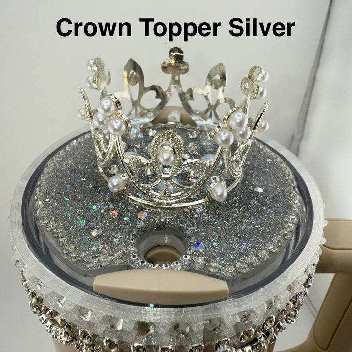 Silver Rhinestone Royal Princess Accessory Collection for Stanley tumblers with options for a Princess Crown Topper, Royal Halo Lid Bling Band and more