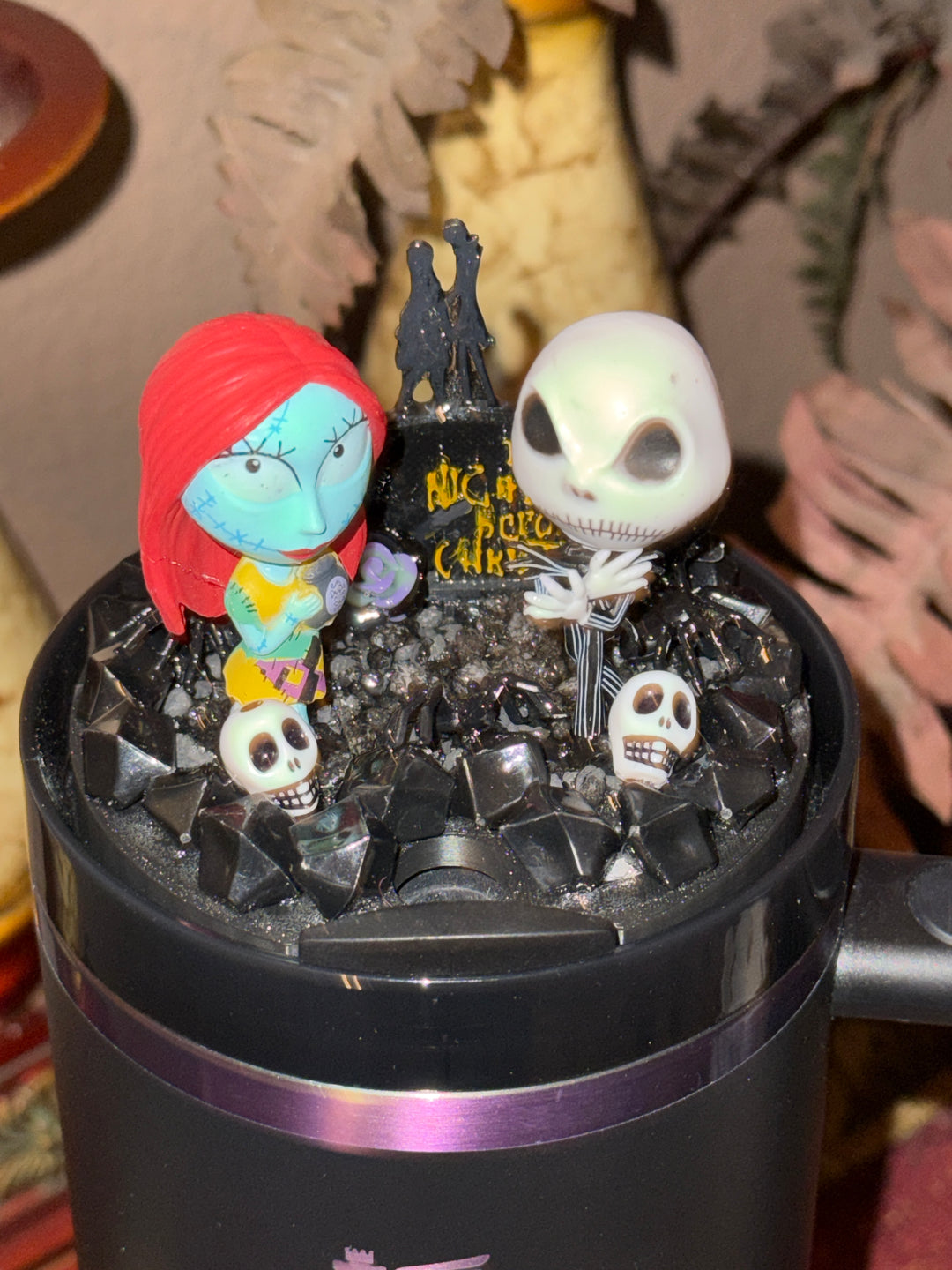 Jack and Sally Halloween Tumbler Topper, 3D Decorative Lid , unique gift spooky witchy vibes NBC