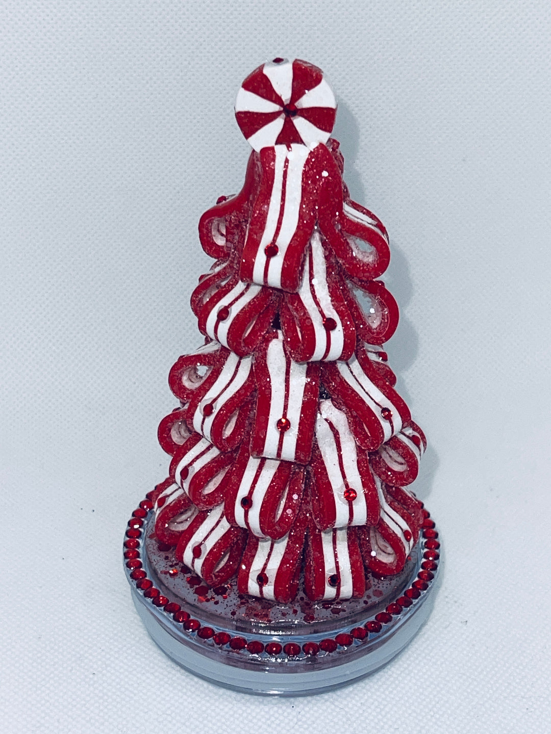 Rhinestone Christmas Candy Tree tumbler topper lid, Christmas Ribbon candy,  3D Decorative Lid