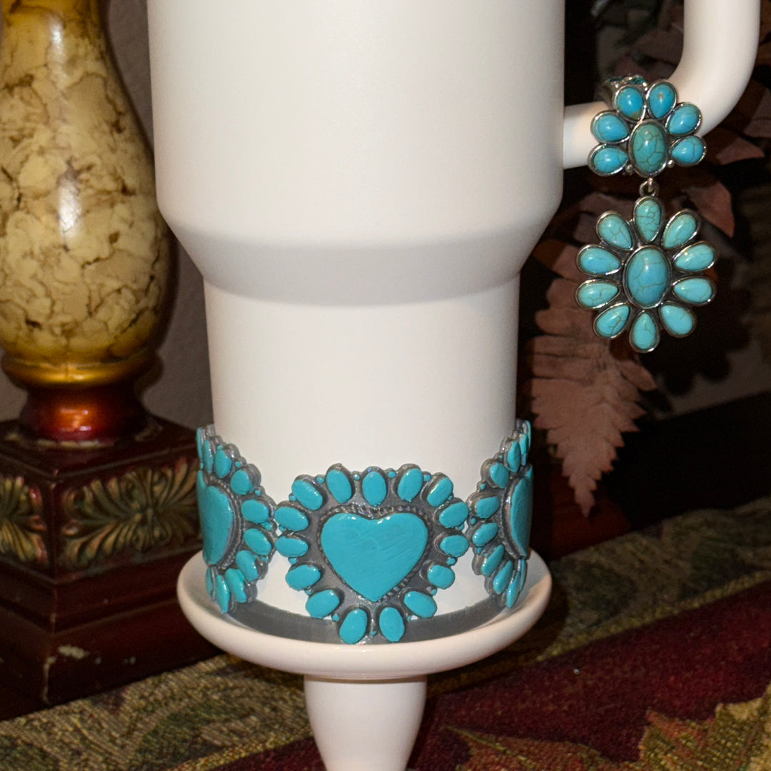 Heart Concho Turquoise Tumbler Boot, straw topper, lid topper, handle charm Stanley, Drink Sleeve Protective Boot, Unique jewelry