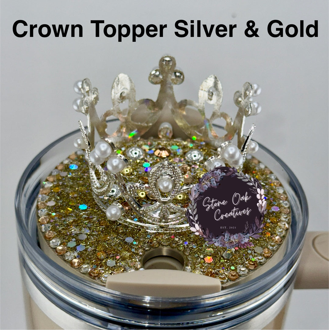 Silver Rhinestone Royal Princess Accessory Collection for Stanley tumblers with options for a Princess Crown Topper, Royal Halo Lid Bling Band and more