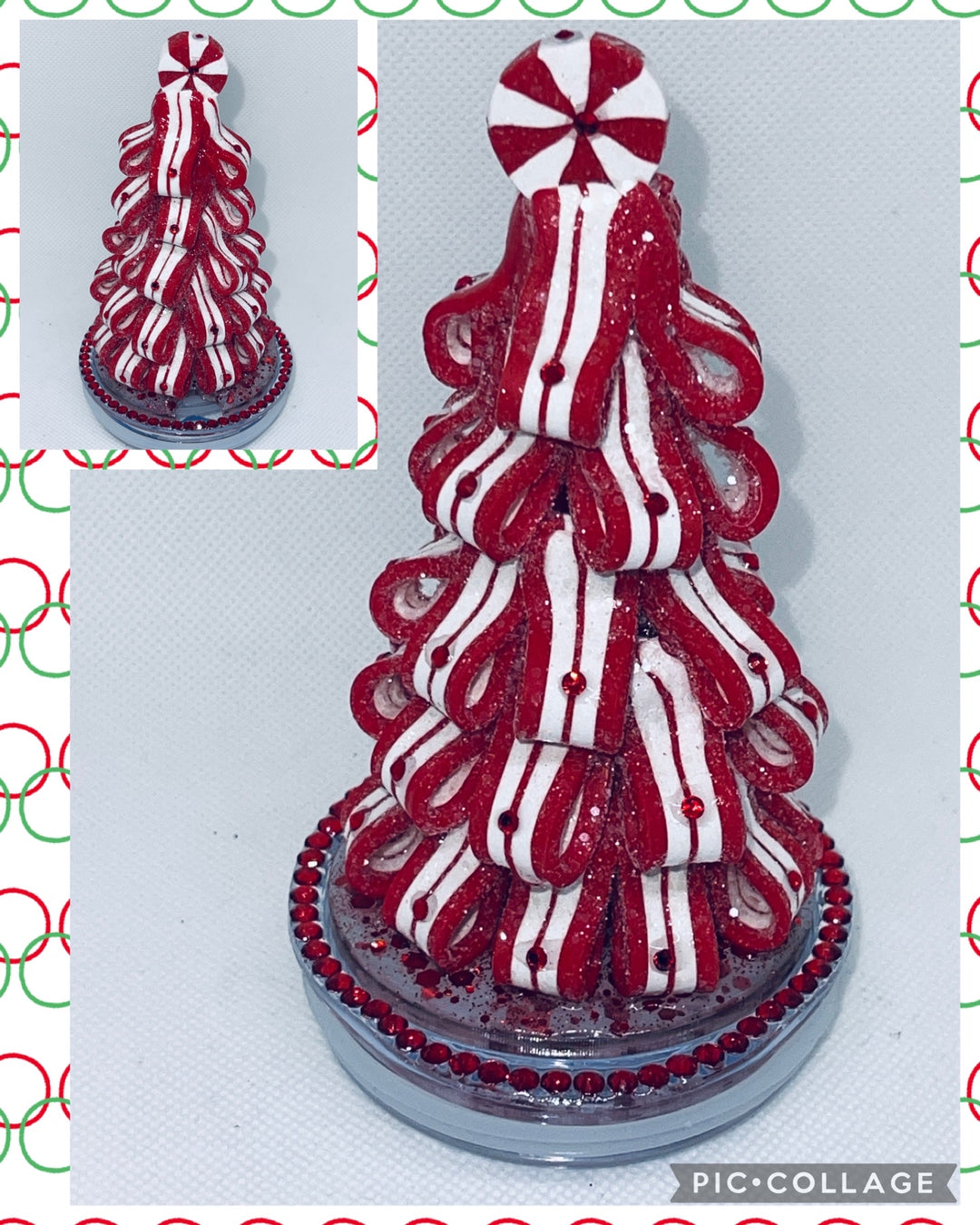 Rhinestone Christmas Candy Tree tumbler topper lid, Christmas Ribbon candy,  3D Decorative Lid