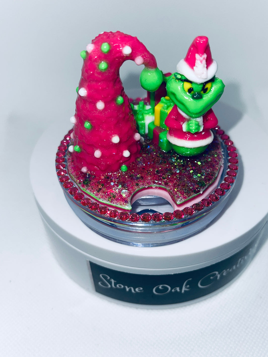 Pink Christmas grinch themed tumbler topper lid, pink christmas tree, 3D Decorative Lid