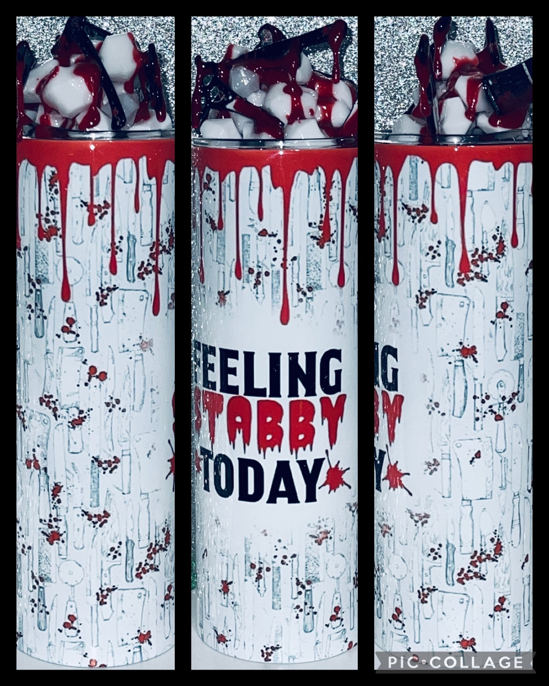 Feeling a Little Stabby Today Tumbler with Blood Dripping Knives Tumbler Lid Combo, Halloween Horror Slasher Movie CSI Topper 3D Decorated lid
