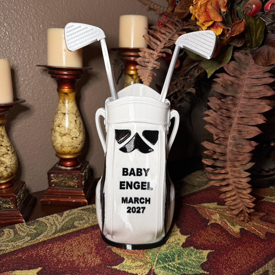 CUSTOM  3D printed golf club bag vase, personalized, with two printed silver clubs