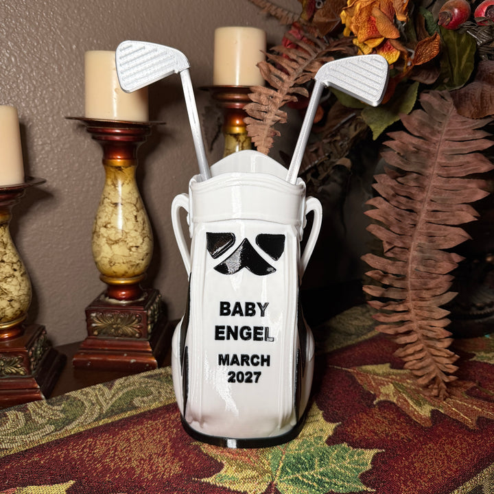 CUSTOM  3D printed golf club bag vase, personalized, with two printed silver clubs