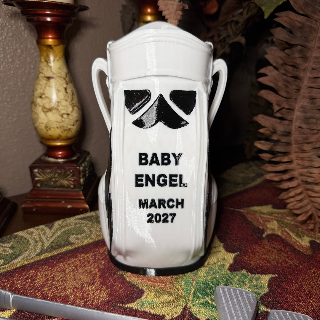 CUSTOM  3D printed golf club bag vase, personalized, with two printed silver clubs