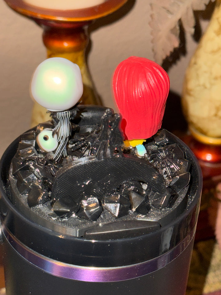 Jack and Sally Halloween Tumbler Topper, 3D Decorative Lid , unique gift spooky witchy vibes NBC