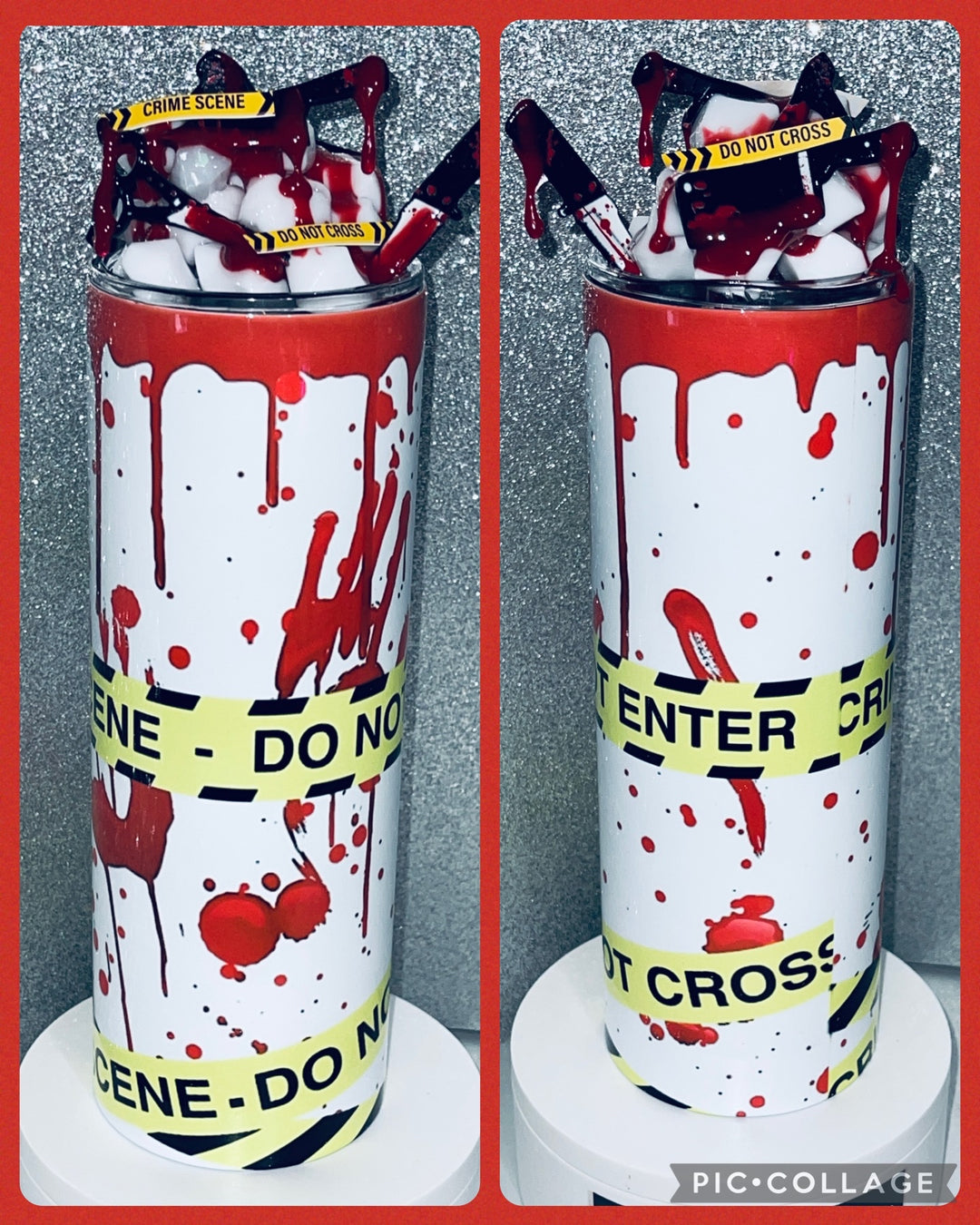Crime Scene Tumbler with Blood Dripping Knives Tumbler Lid Combo, Halloween Horror Slasher Movie CSI Topper 3D Decorated lid