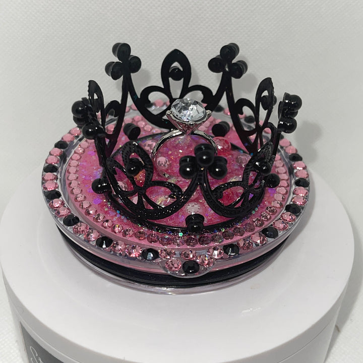 Custom Bling Black crown topper with Engagement Ring and pink accents, unique gift