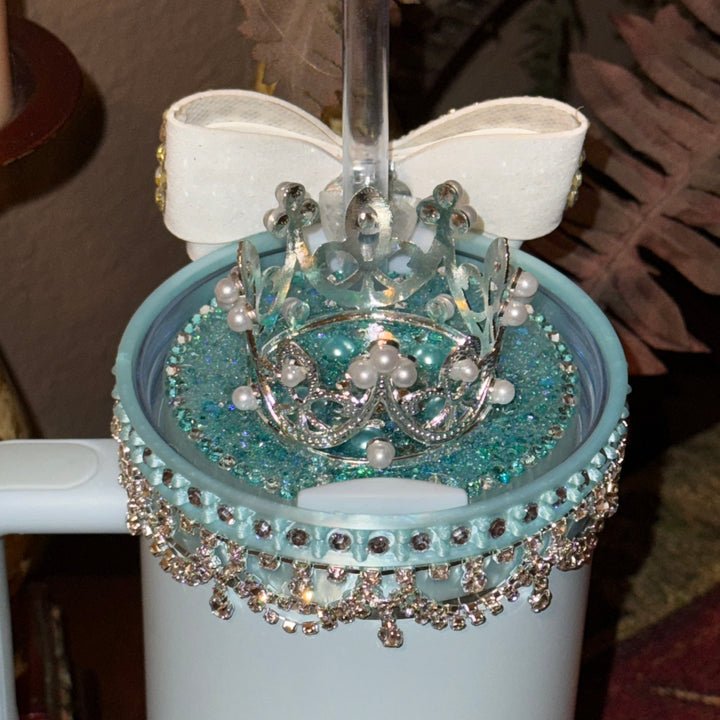 Mint Blue Rhinestone Royal Princess Accessory Collection for Stanley tumblers with options for a Princess Crown Topper, Royal Halo Lid Bling Band and more 💎