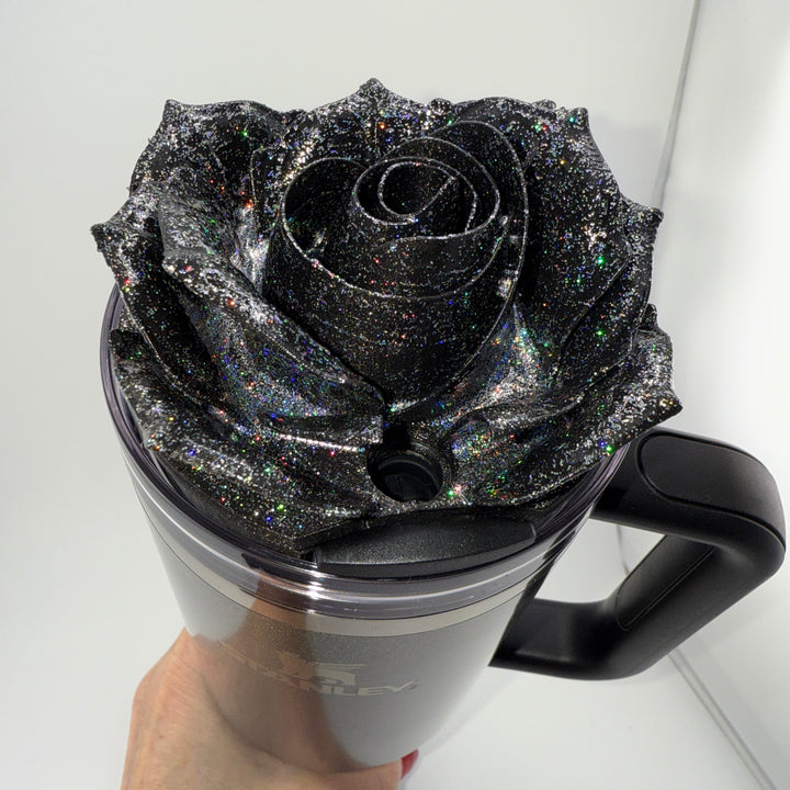 3D Rose Tumbler Topper that fit the new Midnight Glitz Stanley tumbler topper, 3D Decorative Lid