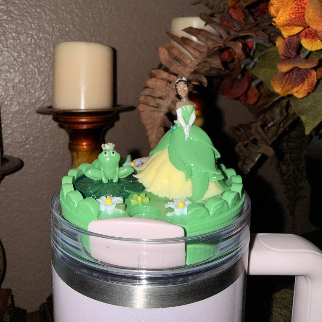 Princess and Frog Tumbler lid Topper, Green and Yellow, Unique Gift, for 20 30 or 40 oz Stanley lids