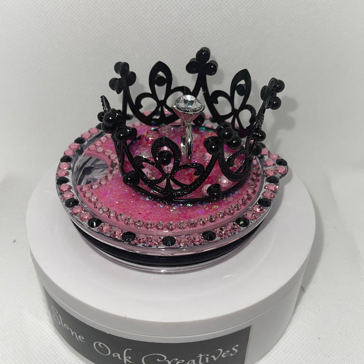 Custom Bling Black crown topper with Engagement Ring and pink accents, unique gift