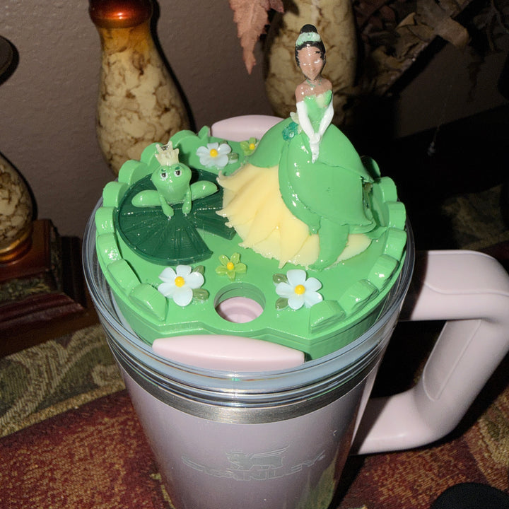 Princess and Frog Tumbler lid Topper, Green and Yellow, Unique Gift, for 20 30 or 40 oz Stanley lids