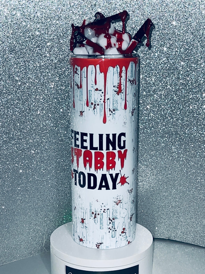 Feeling a Little Stabby Today Tumbler with Blood Dripping Knives Tumbler Lid Combo, Halloween Horror Slasher Movie CSI Topper 3D Decorated lid