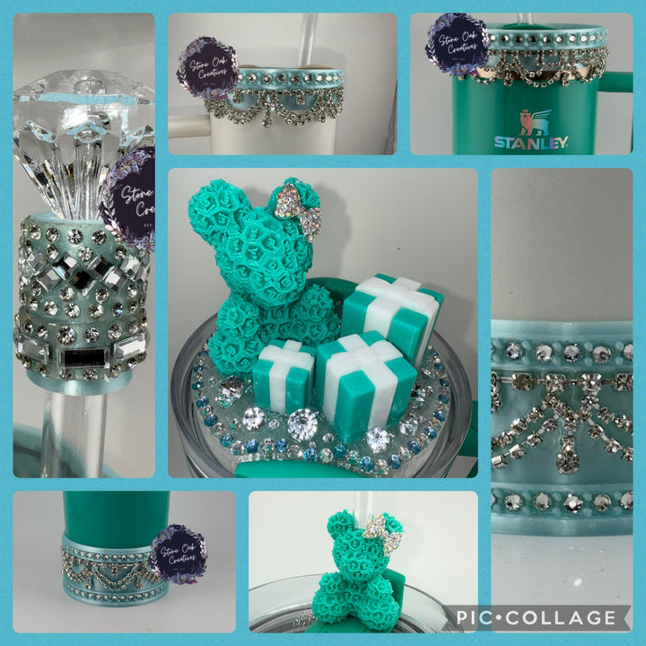 Mint Blue Rhinestone Royal Princess Accessory Collection for Stanley tumblers with options for a Princess Crown Topper, Royal Halo Lid Bling Band and more 💎