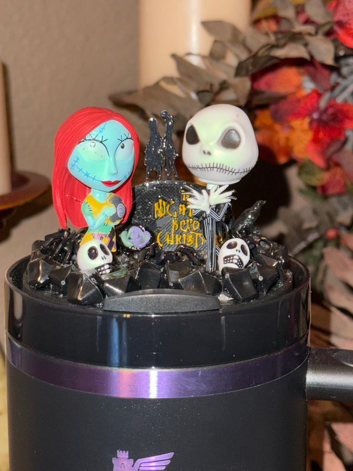 Jack and Sally Halloween Tumbler Topper, 3D Decorative Lid , unique gift spooky witchy vibes NBC