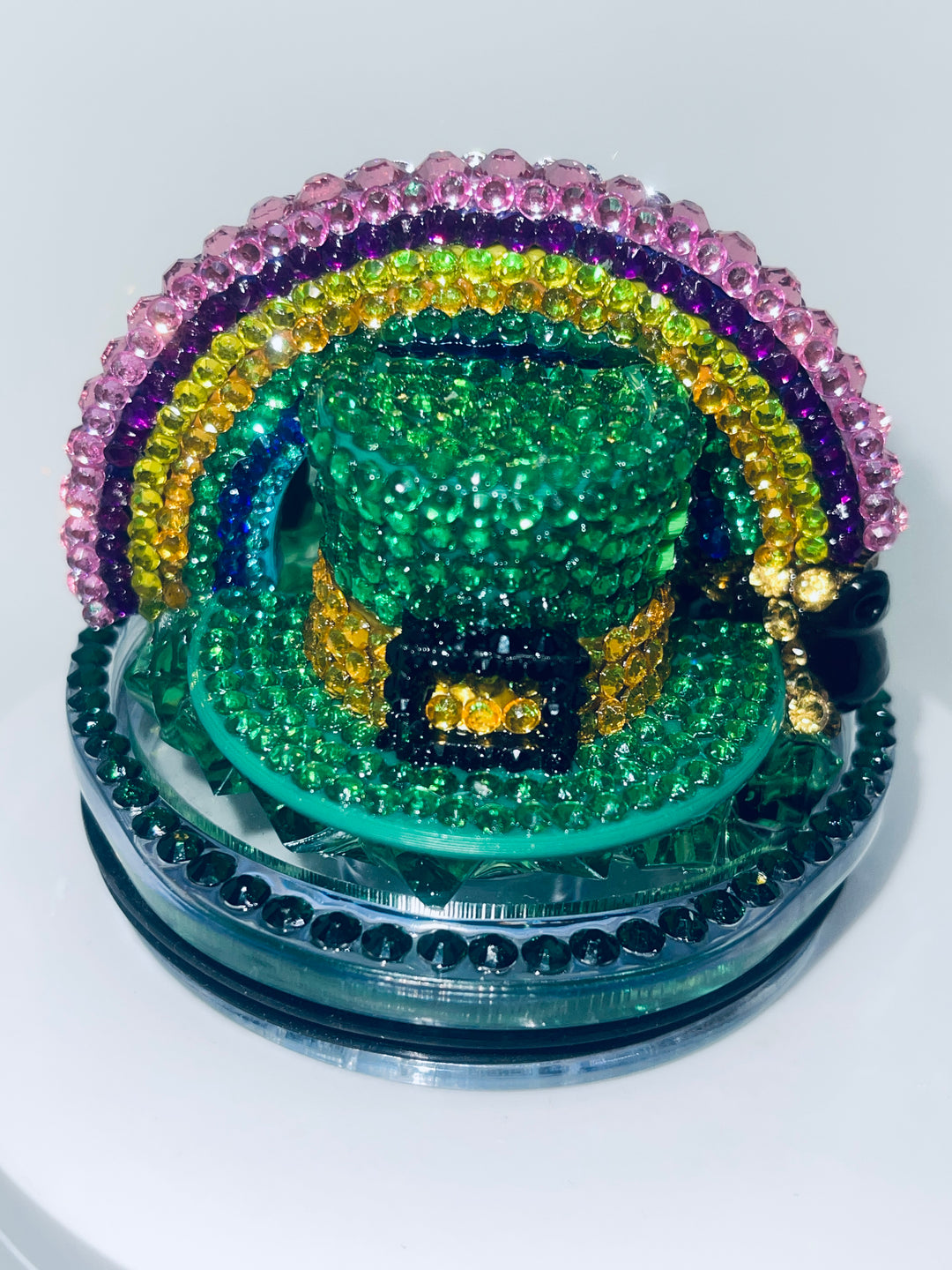 St. Patricks Day Rainbow Rhinestone Tumbler Topper, Rhinestone Rainbow Hat Clover Topper