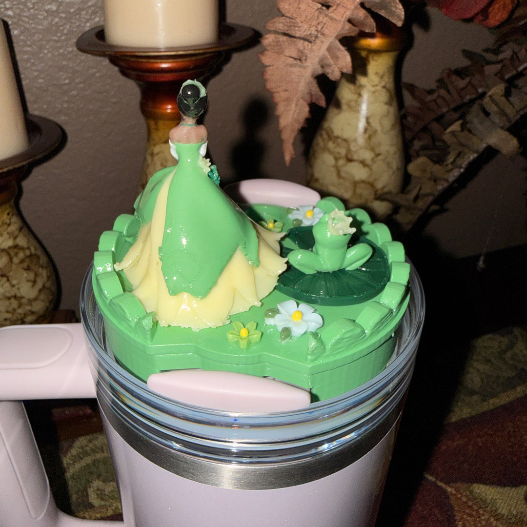 Princess and Frog Tumbler lid Topper, Green and Yellow, Unique Gift, for 20 30 or 40 oz Stanley lids
