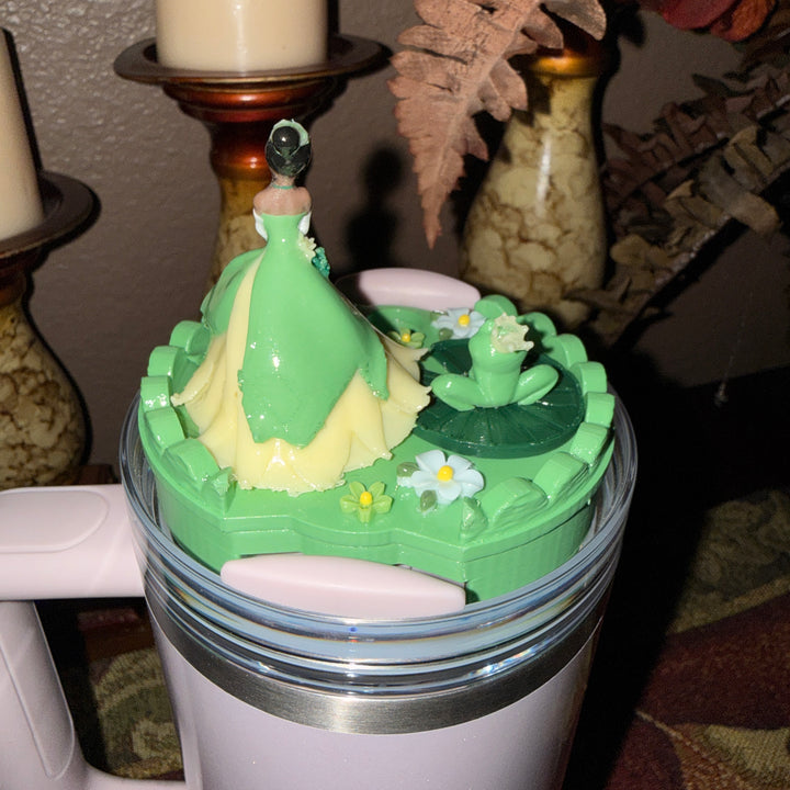 Princess and Frog Tumbler lid Topper, Green and Yellow, Unique Gift, for 20 30 or 40 oz Stanley lids
