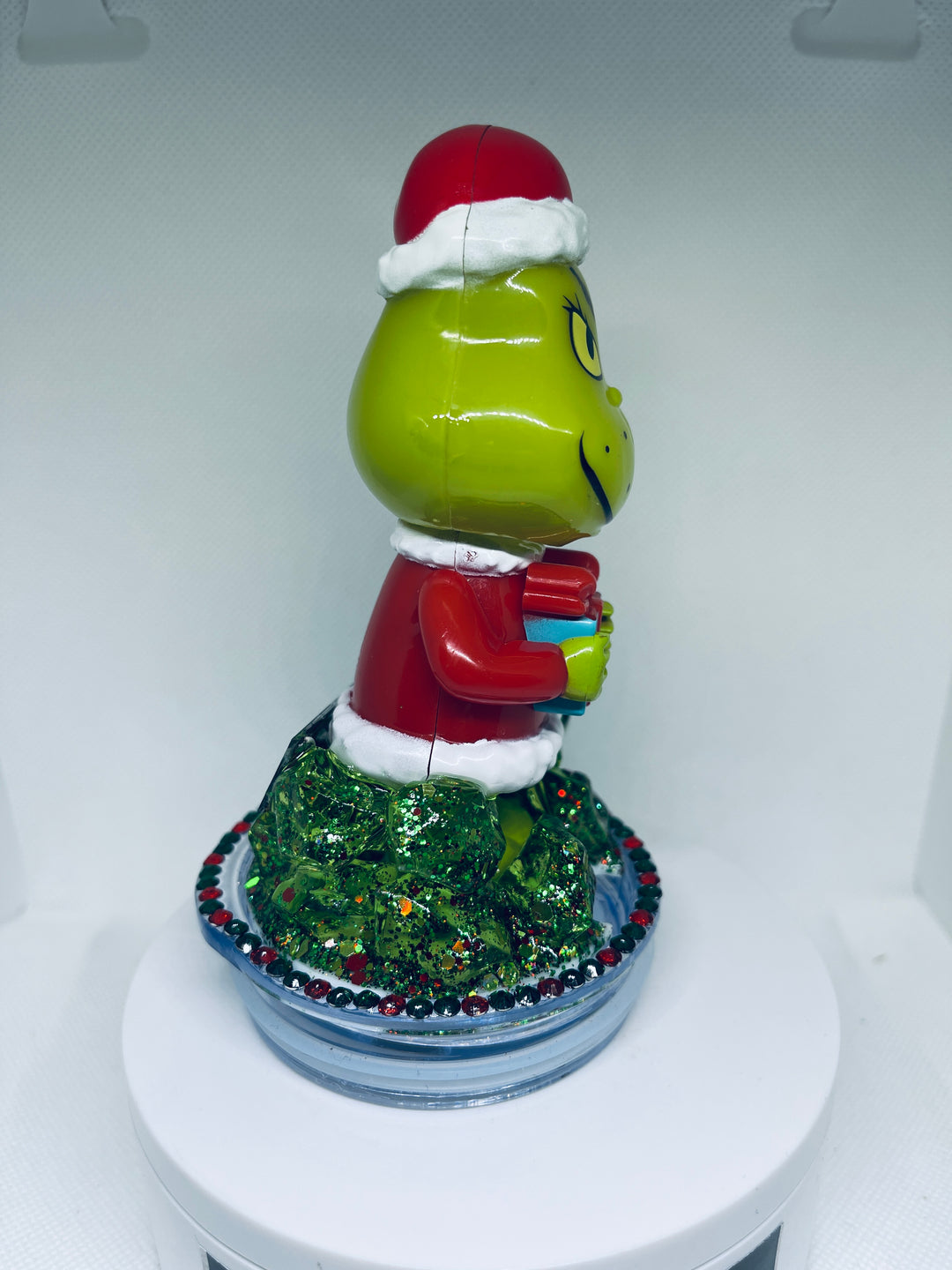 Whimsicle bobble head Grinchy Christmas themed tumbler topper lid, bobble head topper, 3D Decorative Lid