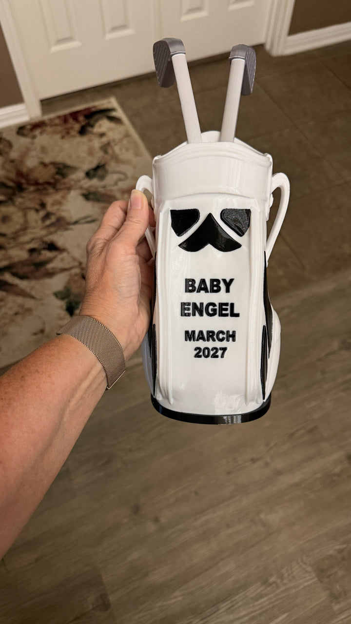 CUSTOM  3D printed golf club bag vase, personalized, with two printed silver clubs