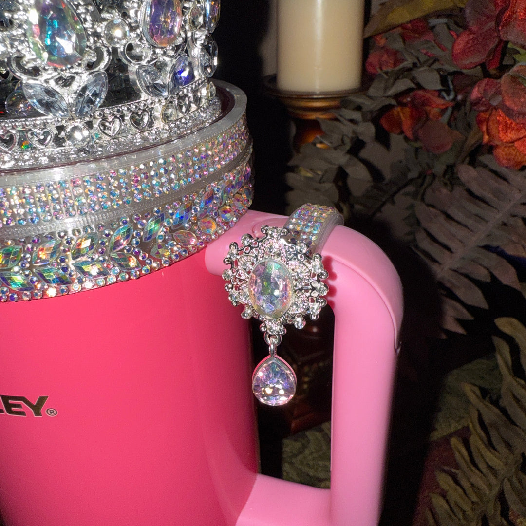 Flat Fancy Irridescent Rhinestone Tumbler Princess Collection  emblished with colorful rhinestones, Stanley tumbler accessories, unique gift, silver