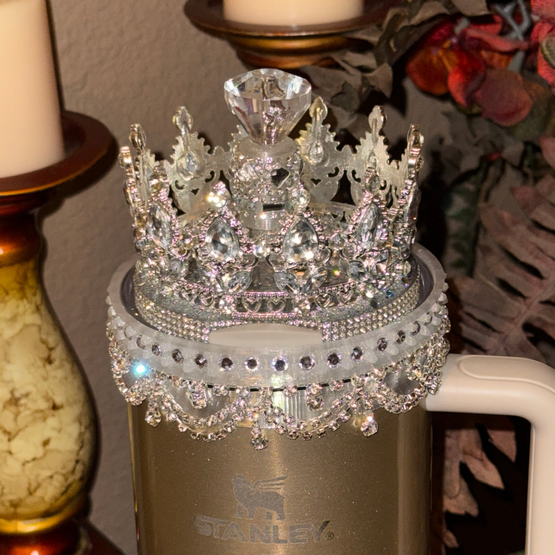 Silver Rhinestone Royal Princess Accessory Collection for Stanley tumblers with options for a Princess Crown Topper, Royal Halo Lid Bling Band and more