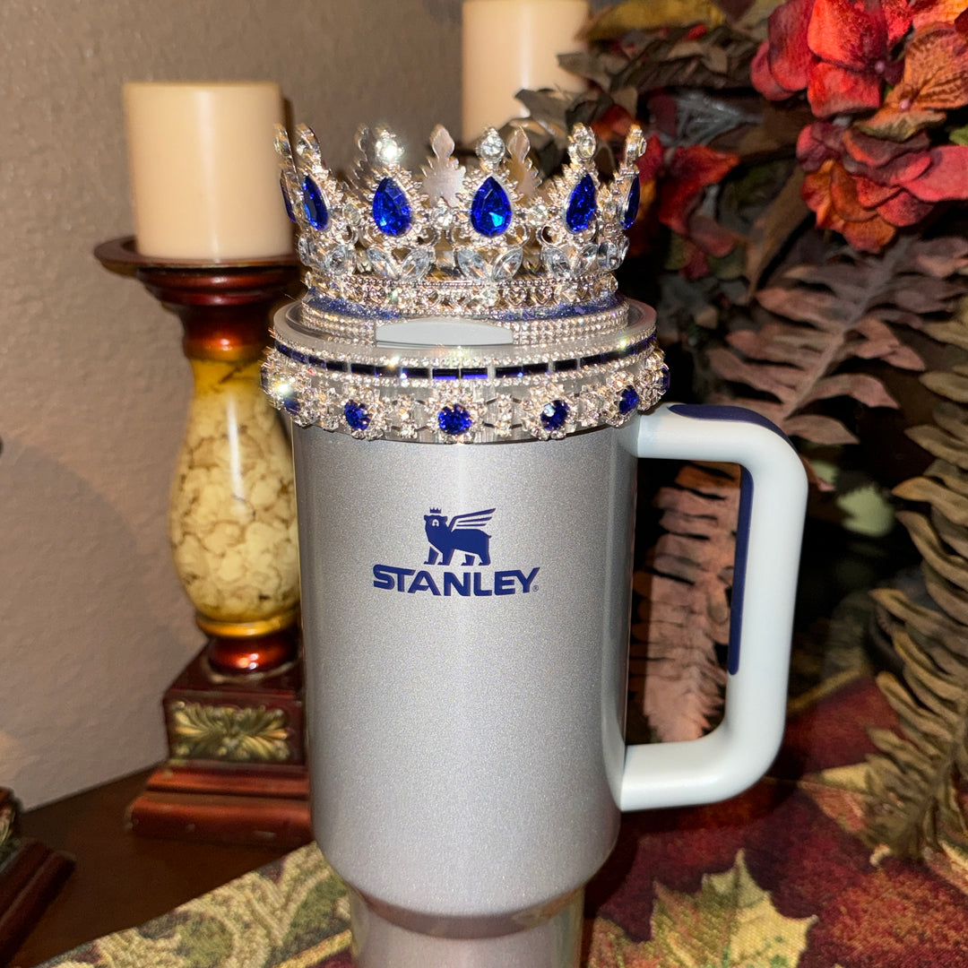 Elegant Blue Sapphire and Silver Rhinestone Royal Princess Accessories for Stanley Tumblers Queen Bling Fancy, Boujie Collection Unique Gift