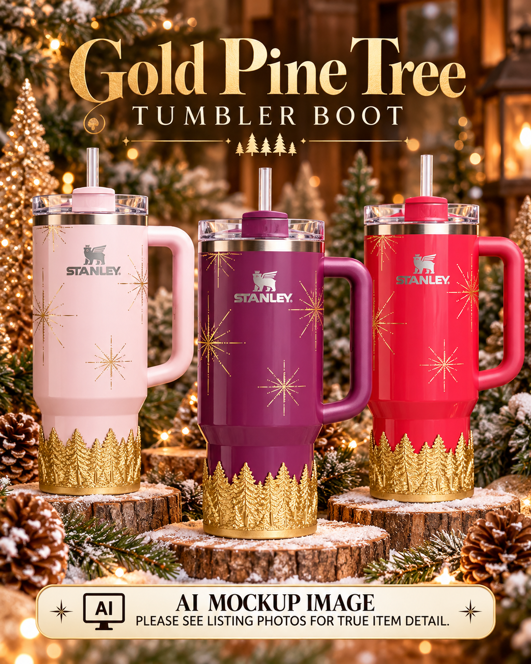 Gold or Silver Christmas Pine Tree Tumbler Boot sleeve, Stanley Tumbler Accessories, Flamingo Carmine Plum Pine Winter Radiance