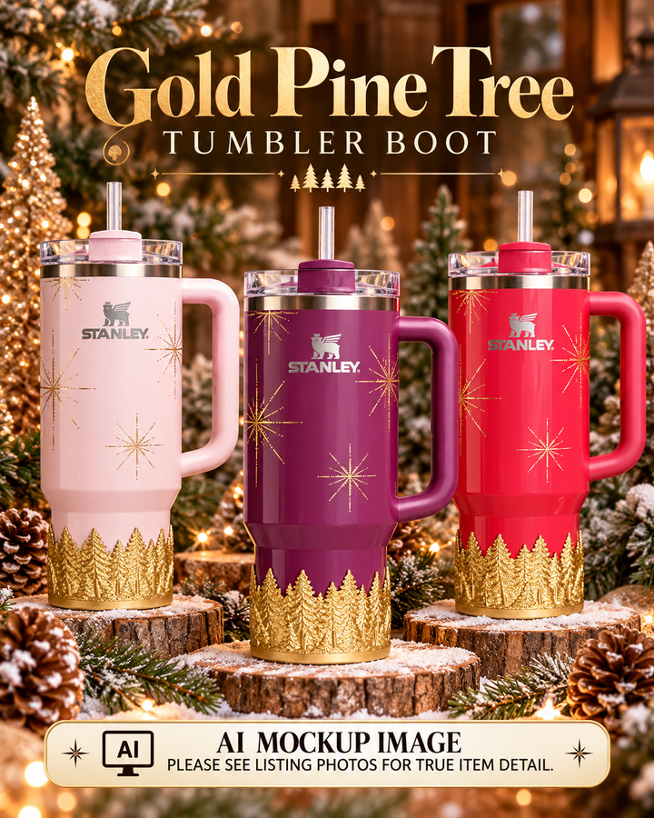 Gold or Silver Christmas Pine Tree Tumbler Boot sleeve, Stanley Tumbler Accessories, Flamingo Carmine Plum Pine Winter Radiance