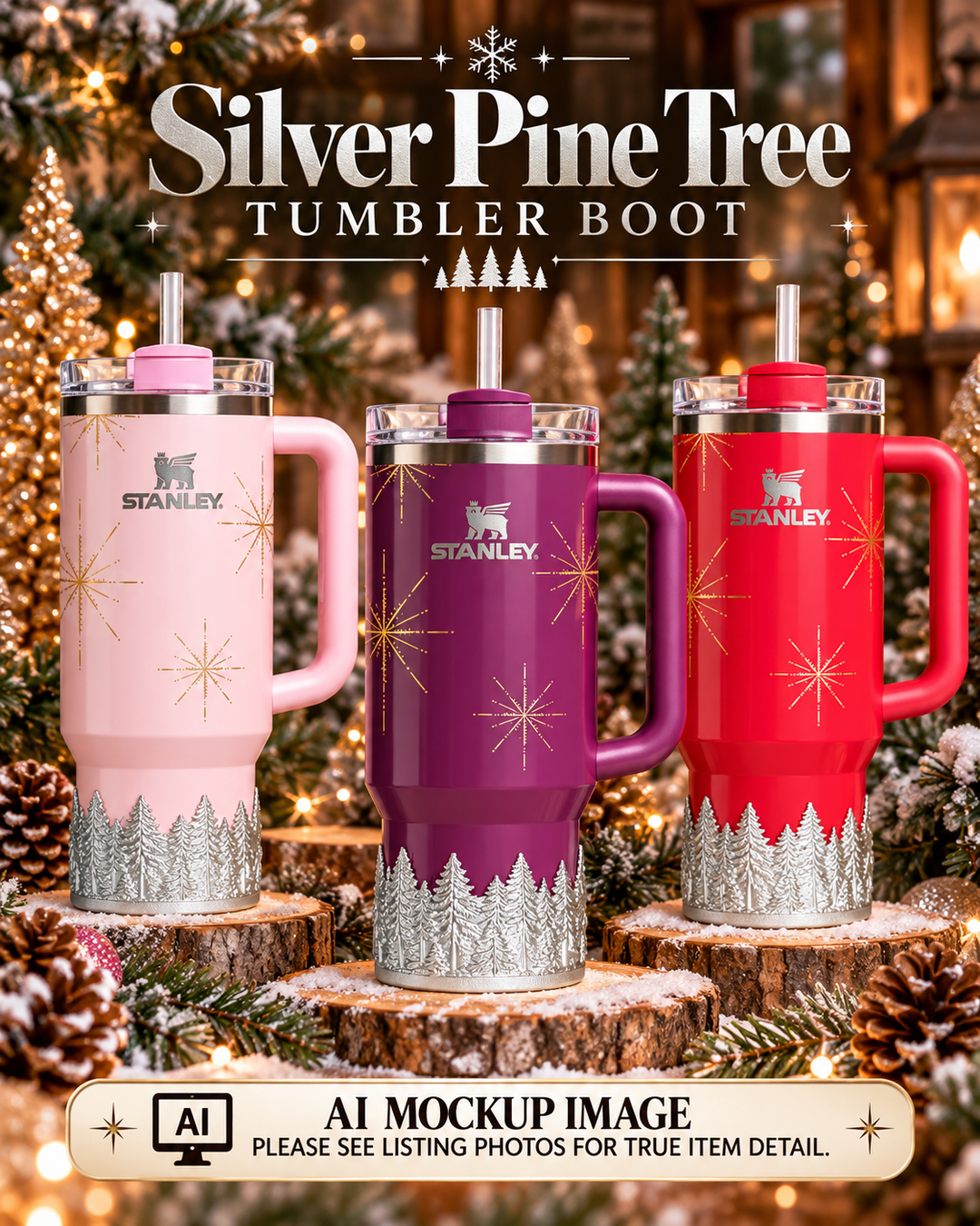 Gold or Silver Christmas Pine Tree Tumbler Boot sleeve, Stanley Tumbler Accessories, Flamingo Carmine Plum Pine Winter Radiance