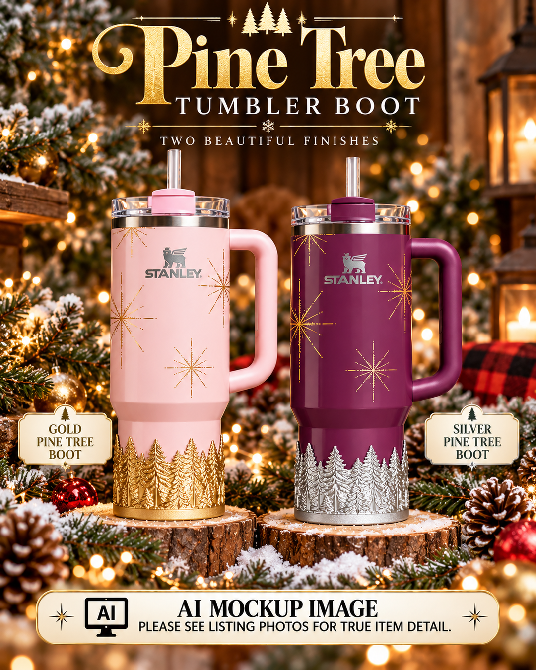 Gold or Silver Christmas Pine Tree Tumbler Boot sleeve, Stanley Tumbler Accessories, Flamingo Carmine Plum Pine Winter Radiance