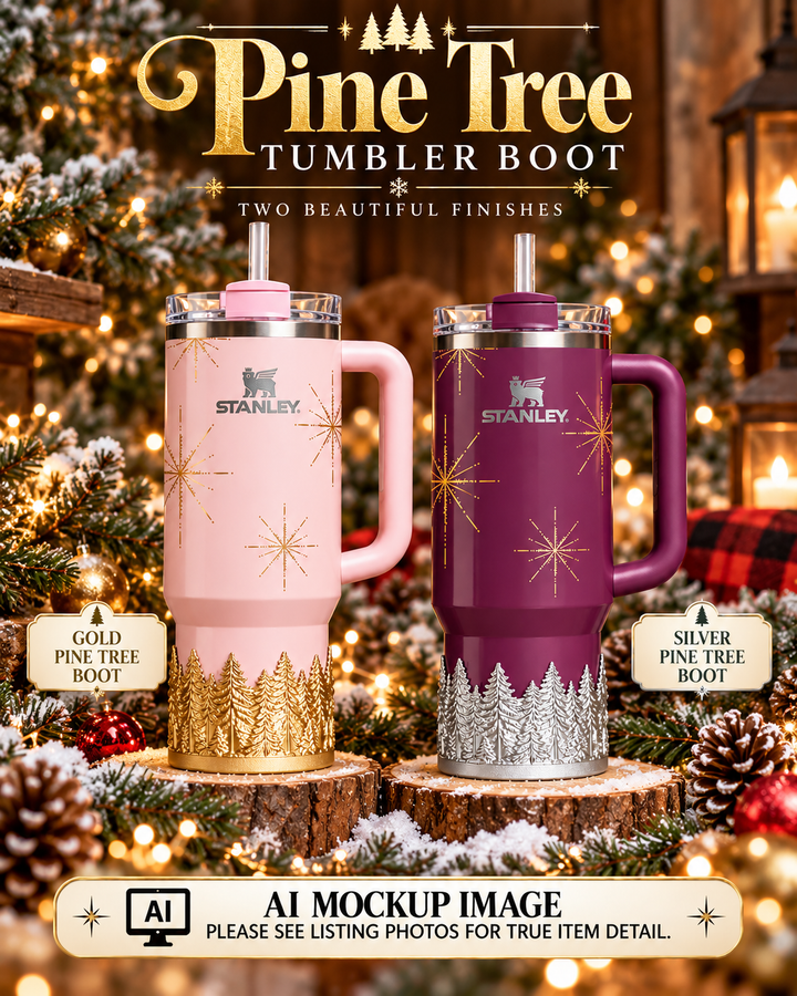 Gold or Silver Christmas Pine Tree Tumbler Boot sleeve, Stanley Tumbler Accessories, Flamingo Carmine Plum Pine Winter Radiance