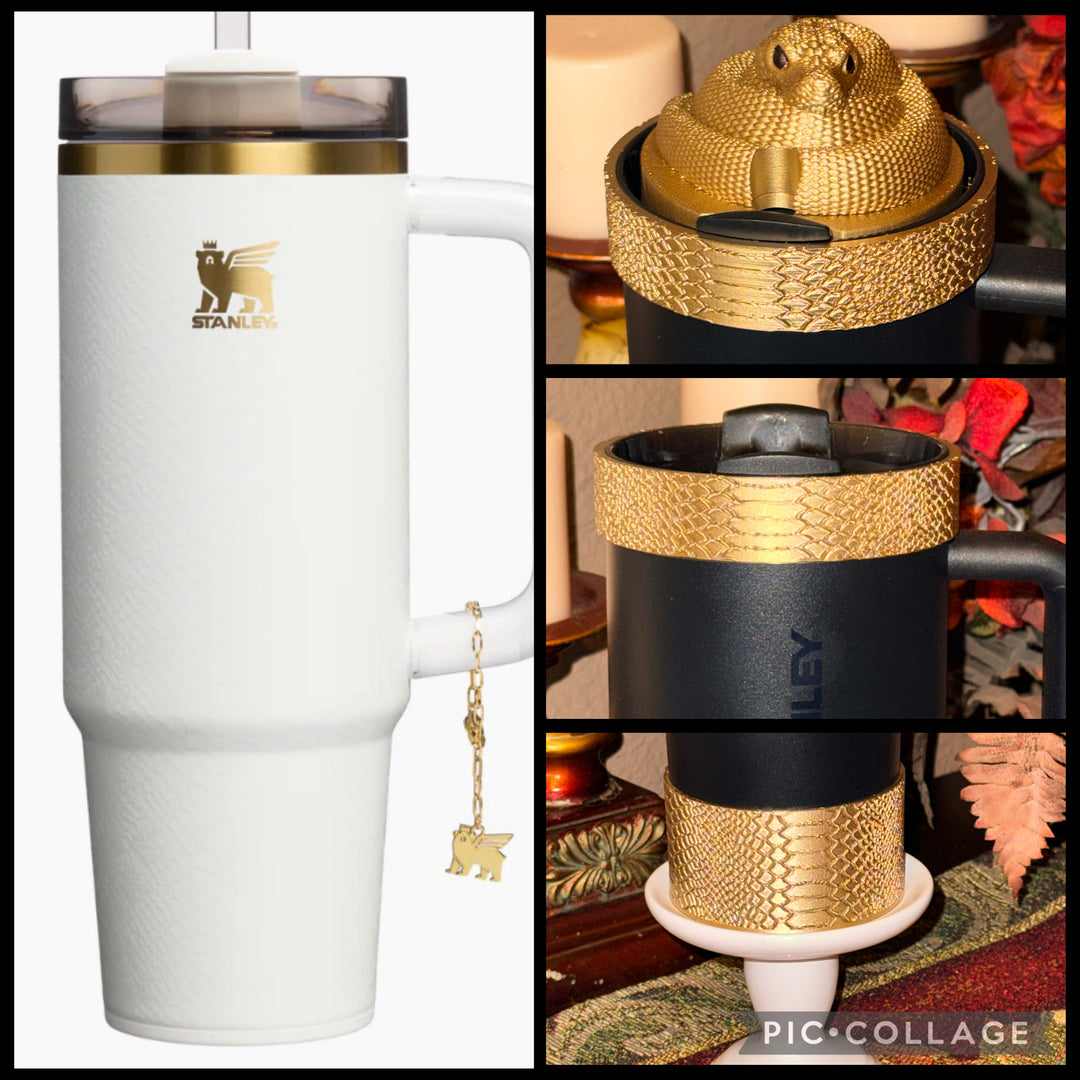 Snake and Snakeskin Gold Tumbler Accessories, boot, halo, lid topper, unique trending gifts for Stanley 20 30 40 oz Luxe Collection.