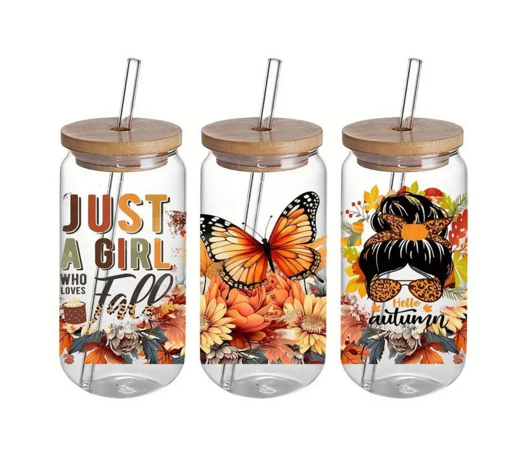Just a Girl Who Loves Fall, Glass Tumbler, 16oz Glass Can Cup With lid and Straw, Iced Coffee Glass Mug, Beer Glass Can