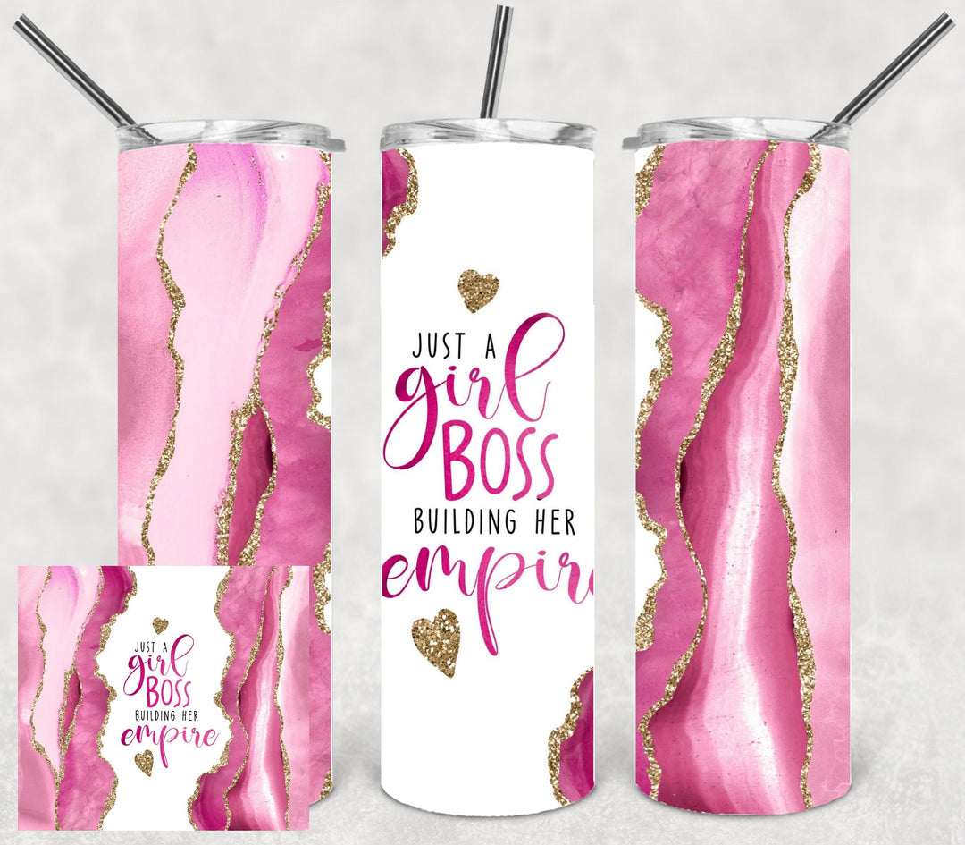 20 oz Skinny Tumbler - Just a Girl Boss Building My Empire - Pink Agate - Small Business, makes a great gift