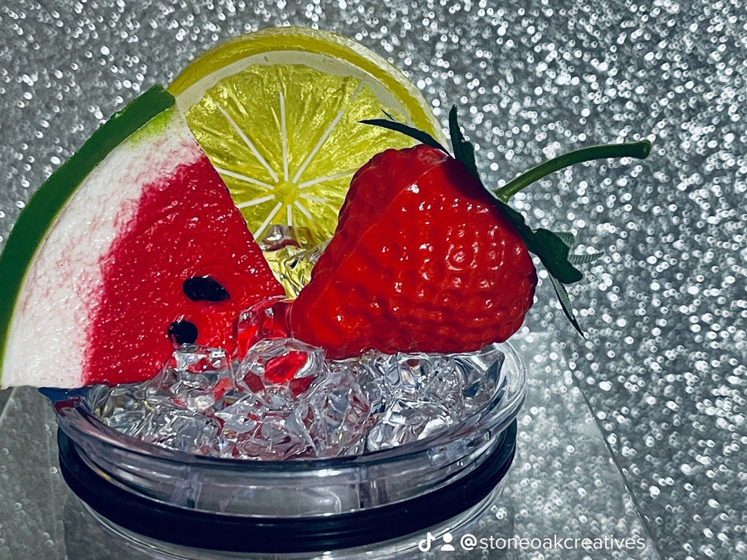 Watermelon Lemon Strawberry Fruit Tumbler Topper fits the 20 & 30 oz skinny straight Stainless Tumbler - Fruit Topped Lid - Tumbler Toppers