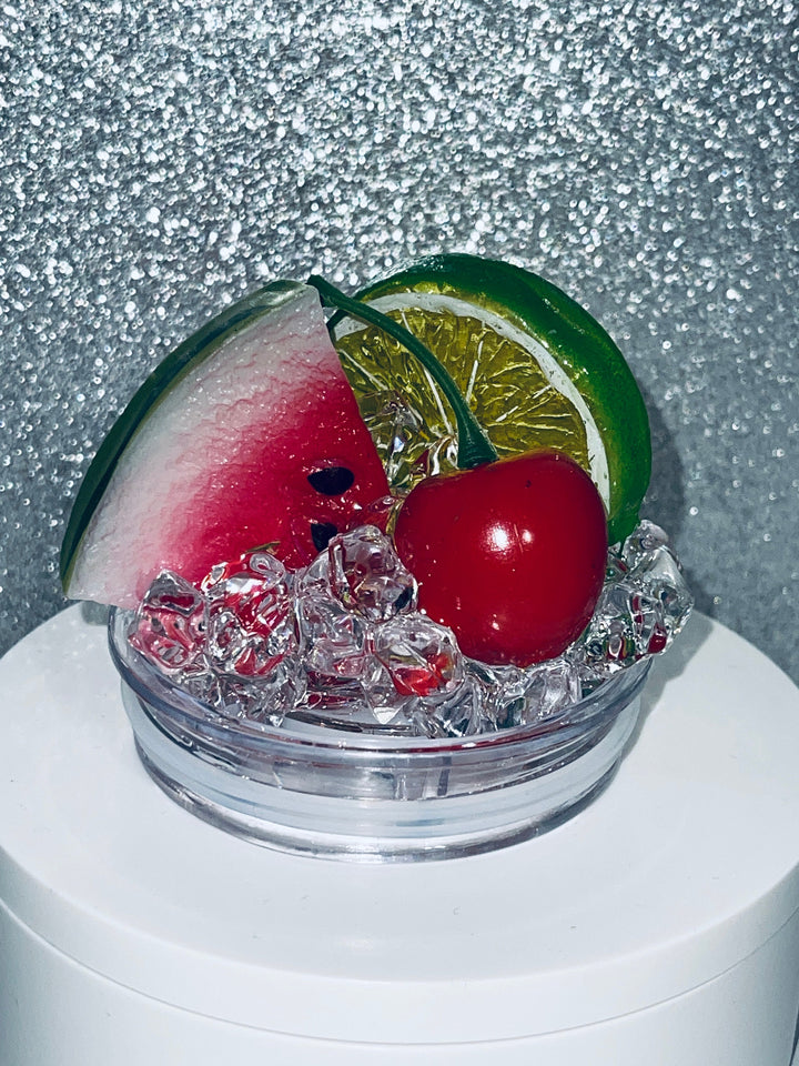 Watermelon Lime Cherry Fruit Tumbler Topper fits 20 oz and 30 oz skinny stainless Tumbler - Fruit Topped Lid - Tumbler Toppers, unique gift