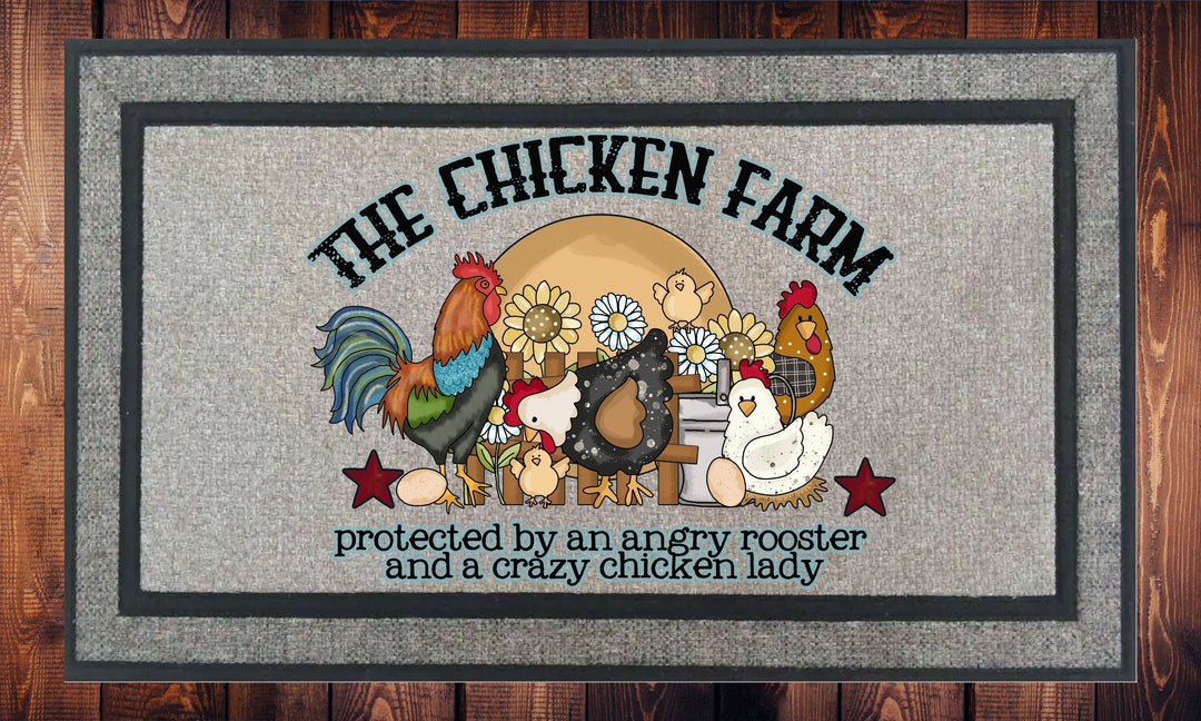 The Chicken Farm Protected By An Angry Rooster and a Crazy Chicken Lady - Welcome Mat - Door Mat - HOT SELLER!, great unique gift