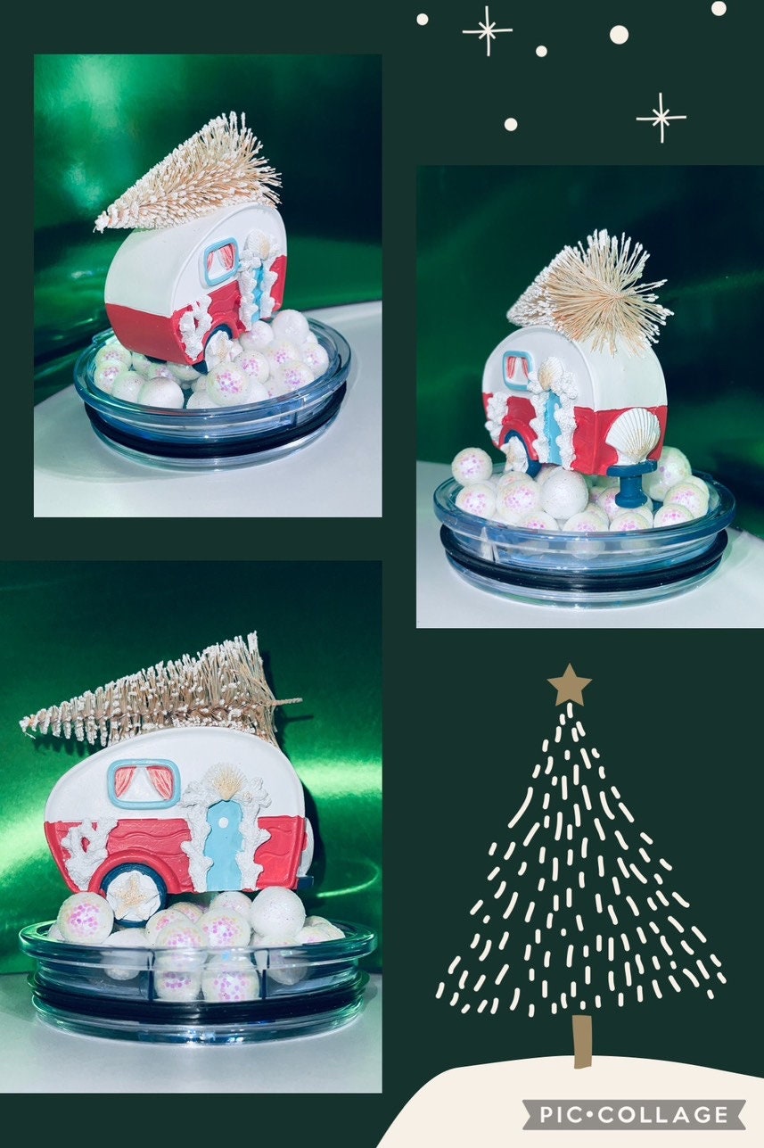 Christmas Travel Trailer tumbler topper lid, 30 oz regular wide mouth lid, Christmas Tumbler Topper 3D Decorative Lid