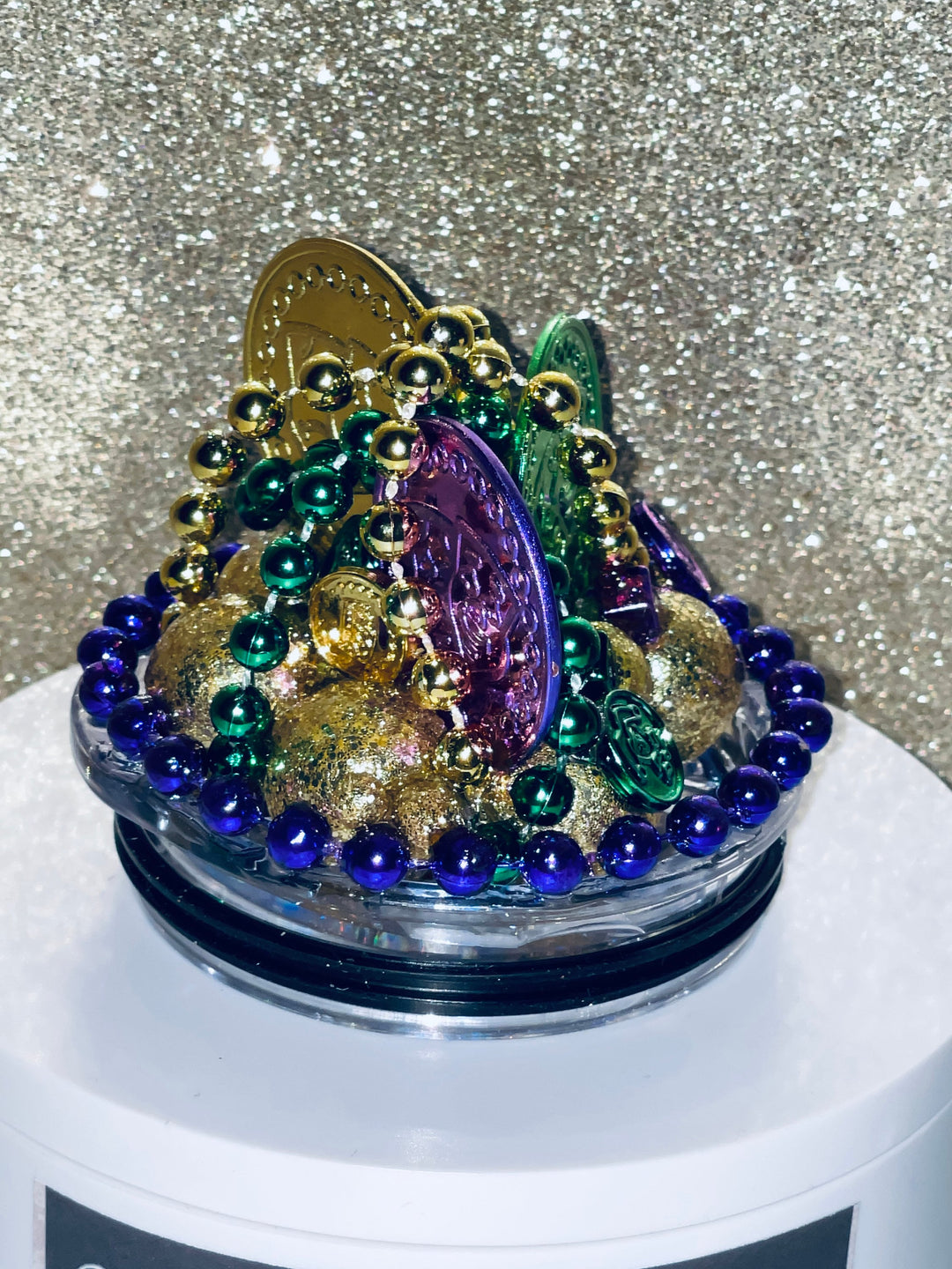 Mardi Gras Tumbler Topper, Fleur De Lis, Mardi Gras Beads, 3D ice lid, 3D lid, Mardi Gras Tumbler Lid, unique gift
