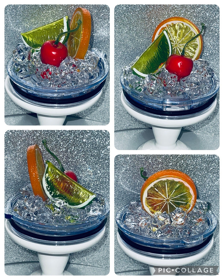 Orange Lime Cherry Fruit Tumbler Topper for skinny straight Stainless Tumbler - Fruit Topped Lid - Tumbler Toppers, unique gift